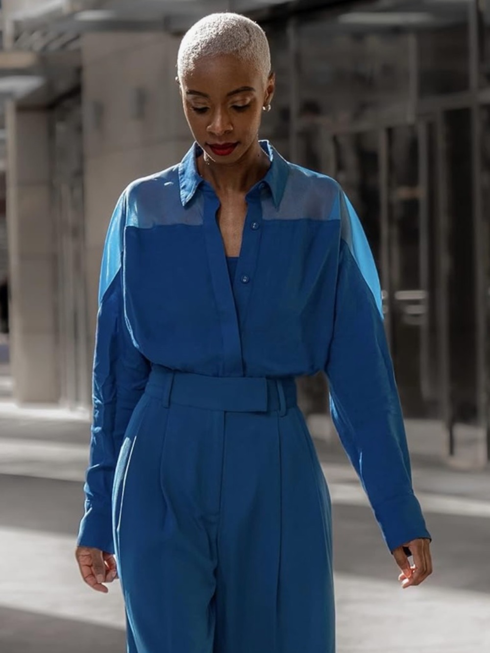The Drop Women's Blue Sapphire Button Up Shirt with Organza Yoke